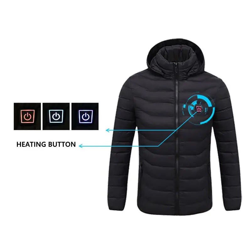 Men 9 Place Heated Winter Warm Jackets USB Heating Padded Jackets Smart Thermostat Pure Color Hooded Heated Clothing Waterproof