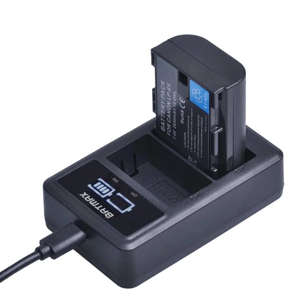 2650mAh LP E6 LPE6 LP-E6 E6N Battery + LED Dual Charger For Canon EOS 5DS R 5D Mark II 5D Mark III 6D 7D 70D 80D Camera