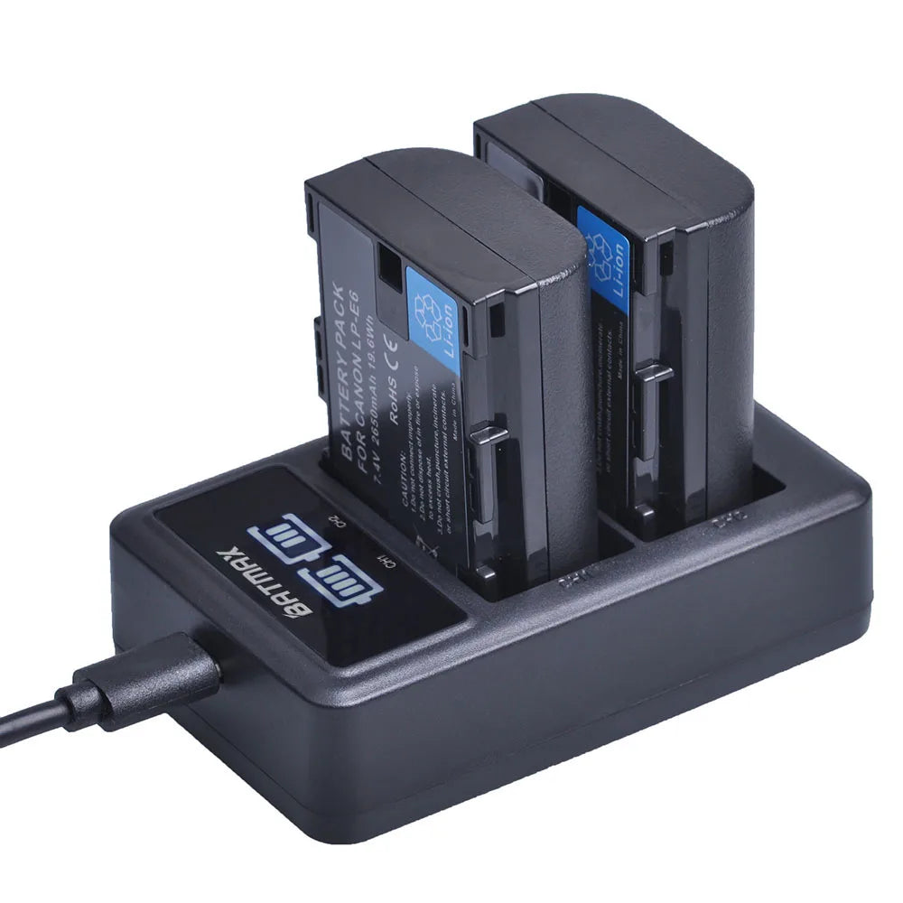 2650mAh LP E6 LPE6 LP-E6 E6N Battery + LED Dual Charger For Canon EOS 5DS R 5D Mark II 5D Mark III 6D 7D 70D 80D Camera