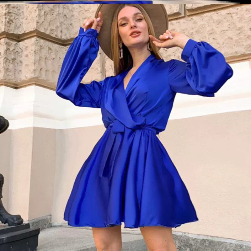 Dress with Belt Long Sleeves V Neck Solid Color A- line Large Hem Small Lantern Sleeve Belt Short Dress Women