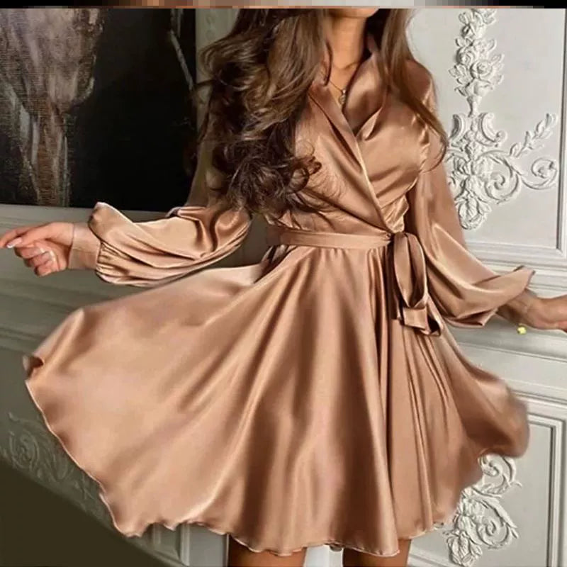 Dress with Belt Long Sleeves V Neck Solid Color A- line Large Hem Small Lantern Sleeve Belt Short Dress Women