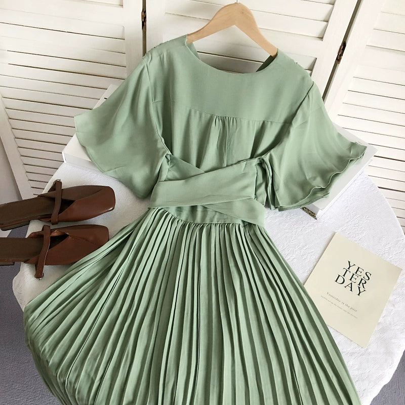 Solid Color High Waist Slim-Fit Pleated Dress Cross Strap