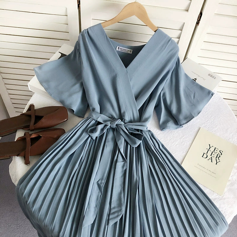 Solid Color High Waist Slim-Fit Pleated Dress Cross Strap