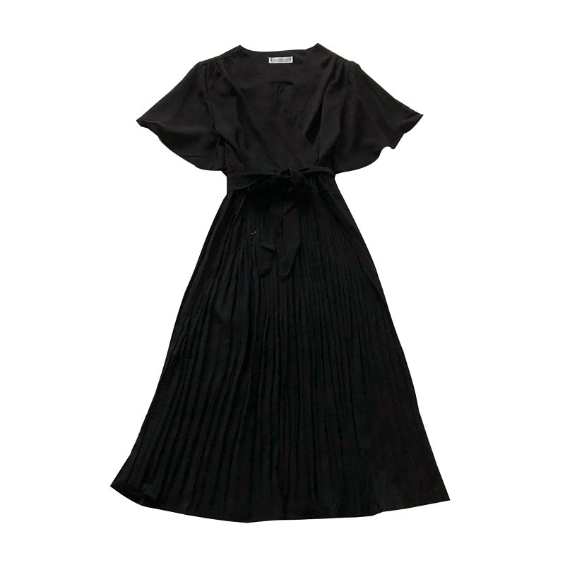 Solid Color High Waist Slim-Fit Pleated Dress Cross Strap