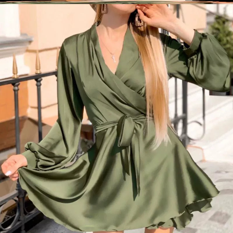 Dress with Belt Long Sleeves V Neck Solid Color A- line Large Hem Small Lantern Sleeve Belt Short Dress Women