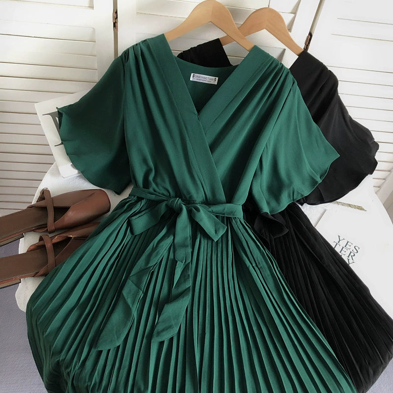 Solid Color High Waist Slim-Fit Pleated Dress Cross Strap