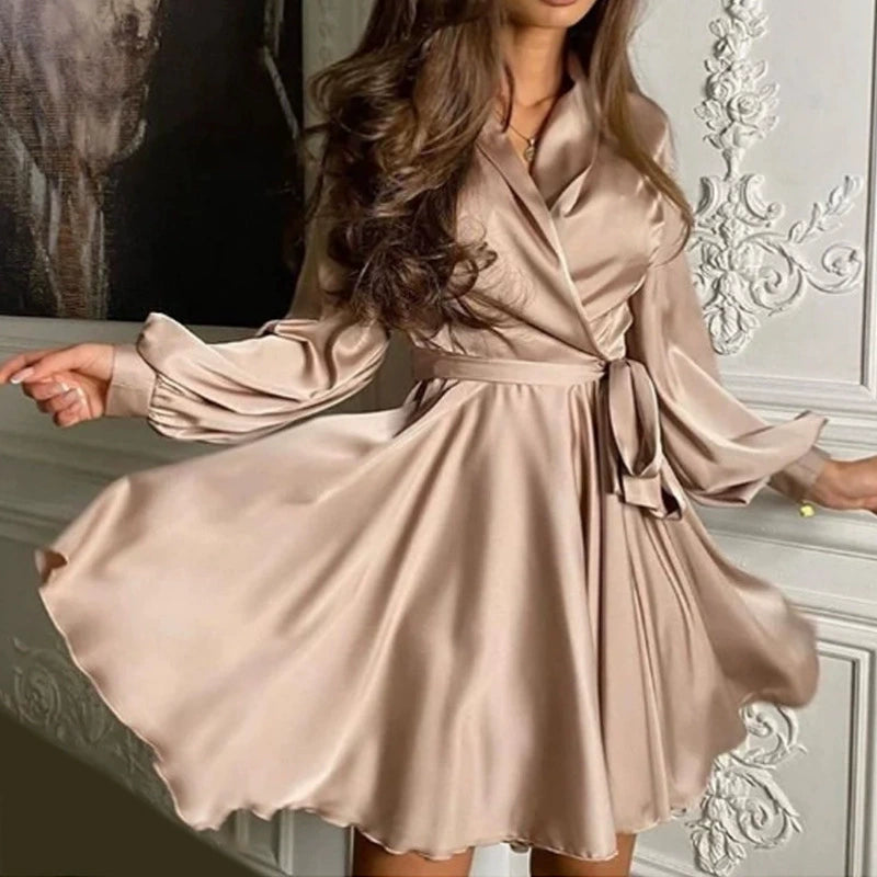 Dress with Belt Long Sleeves V Neck Solid Color A- line Large Hem Small Lantern Sleeve Belt Short Dress Women