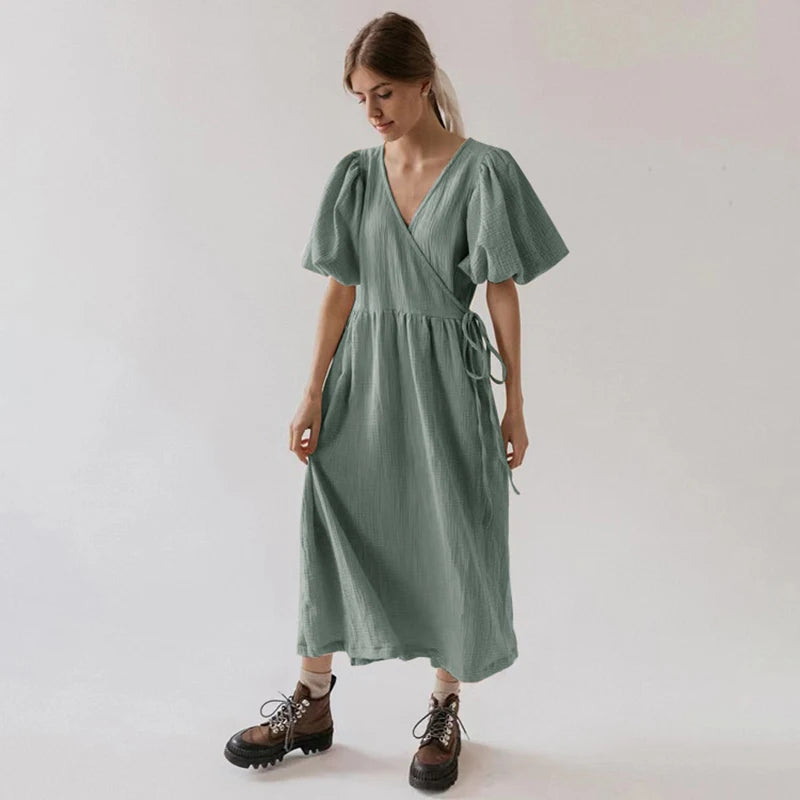 Vintage 100% Cotton Puff Sleeve Maxi Dress For Women Muslin Crepe Gauze V-Neck  Bandage Lace Elegant Long Birthday Party Dress