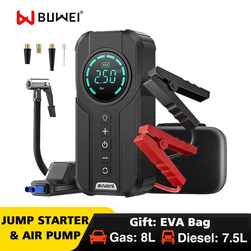 BUWEI Car Jump Starter Air Pump Multi-function Air Compressor Convenient Tire Inflator Portable Battery Starter With EVA Bag