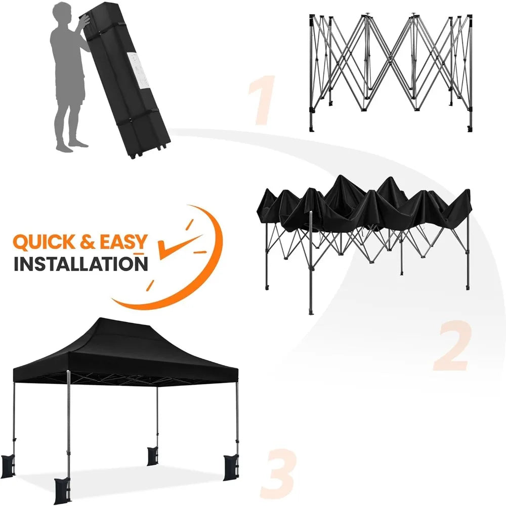 Heavy Duty Pop Up Canopy Tent, 10x15 Commercial Instant Shelter Tent, Outdoor Adjustable Canopy with Wheeled Bag 4 Sandbags