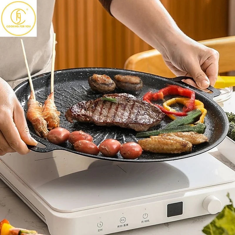 Korean Barbecue Dish Non Stick BBQ Iron Plate Grill Suitable for Induction Cooker Open Flame Family Gatherings Outdoor Barbecue