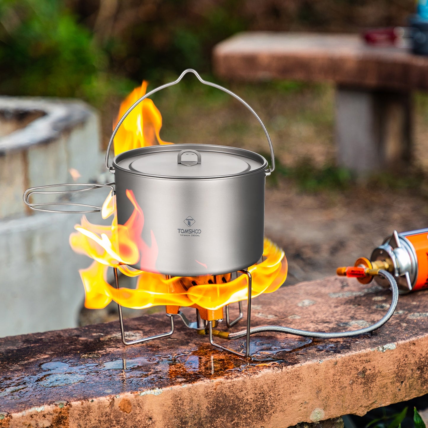 TOMSHOO Camping Cookware Titanium Pot 0.75L/0.9L/1.1L/1.6L/2L/2.8L Ultralight Hanging Pot w Lid Foldable Handle Outdoor Cooking