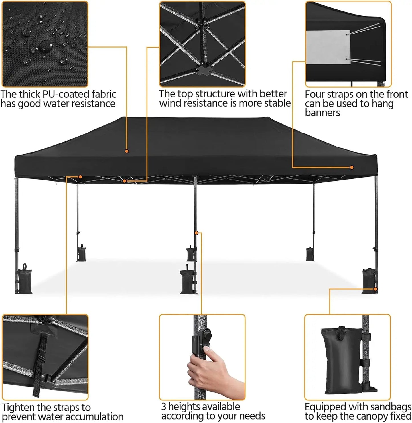 Heavy Duty Pop Up Canopy Tent, 10x20 Commercial Instant Shelter Tent for Wedding Parties Adjustable Outdoor Canopy with Wheeled