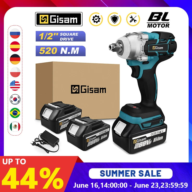 Gisam 520N.M Brushless Electric Impact Wrench Cordless Electric Wrench 1/2 inch for Makita 18V Battery Screwdriver Power Tools