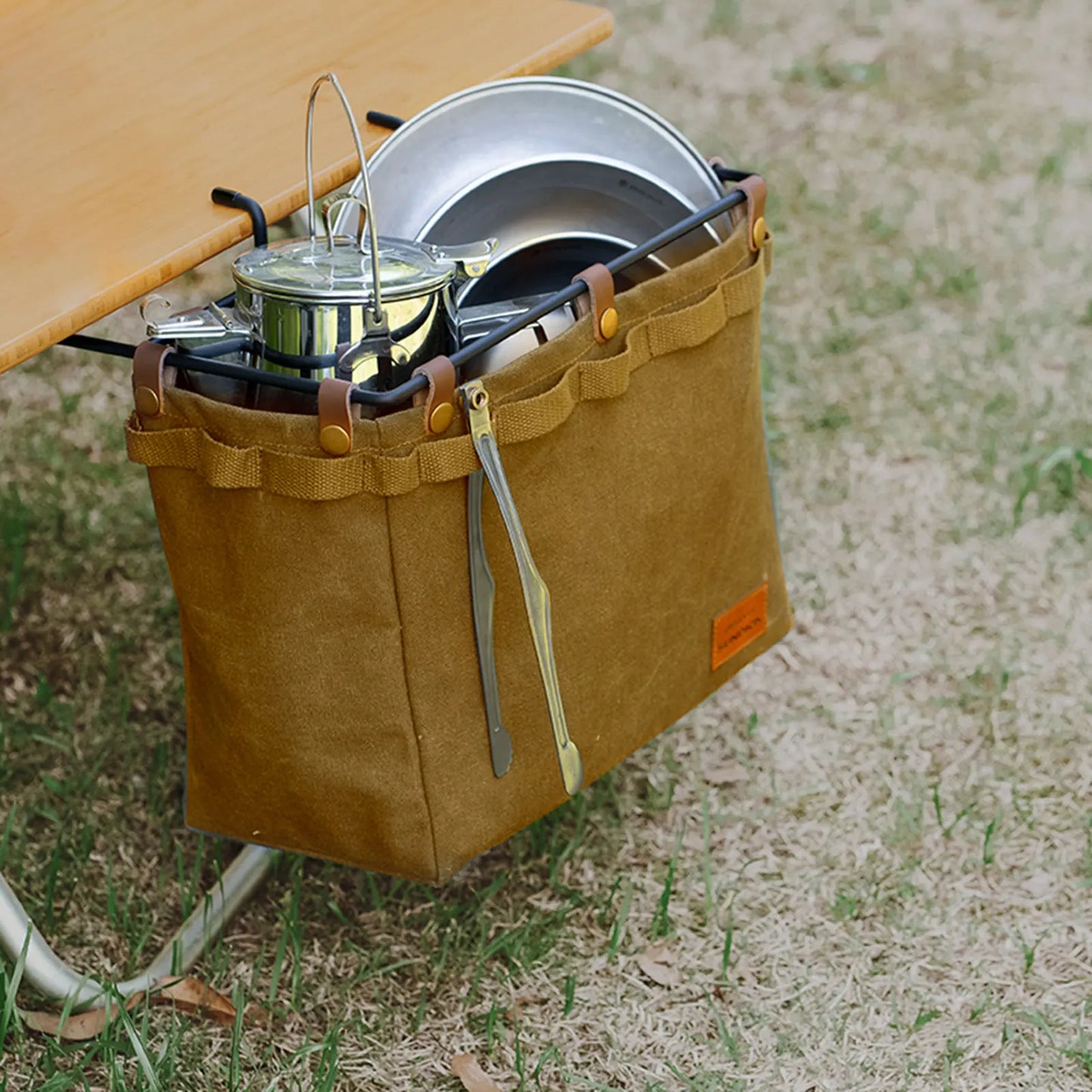 Camping Table Side Storage Bag Multifunctional Folding Canvas Bag  with Hook Outdoor Picnic Desk Cookware Hanging Bag