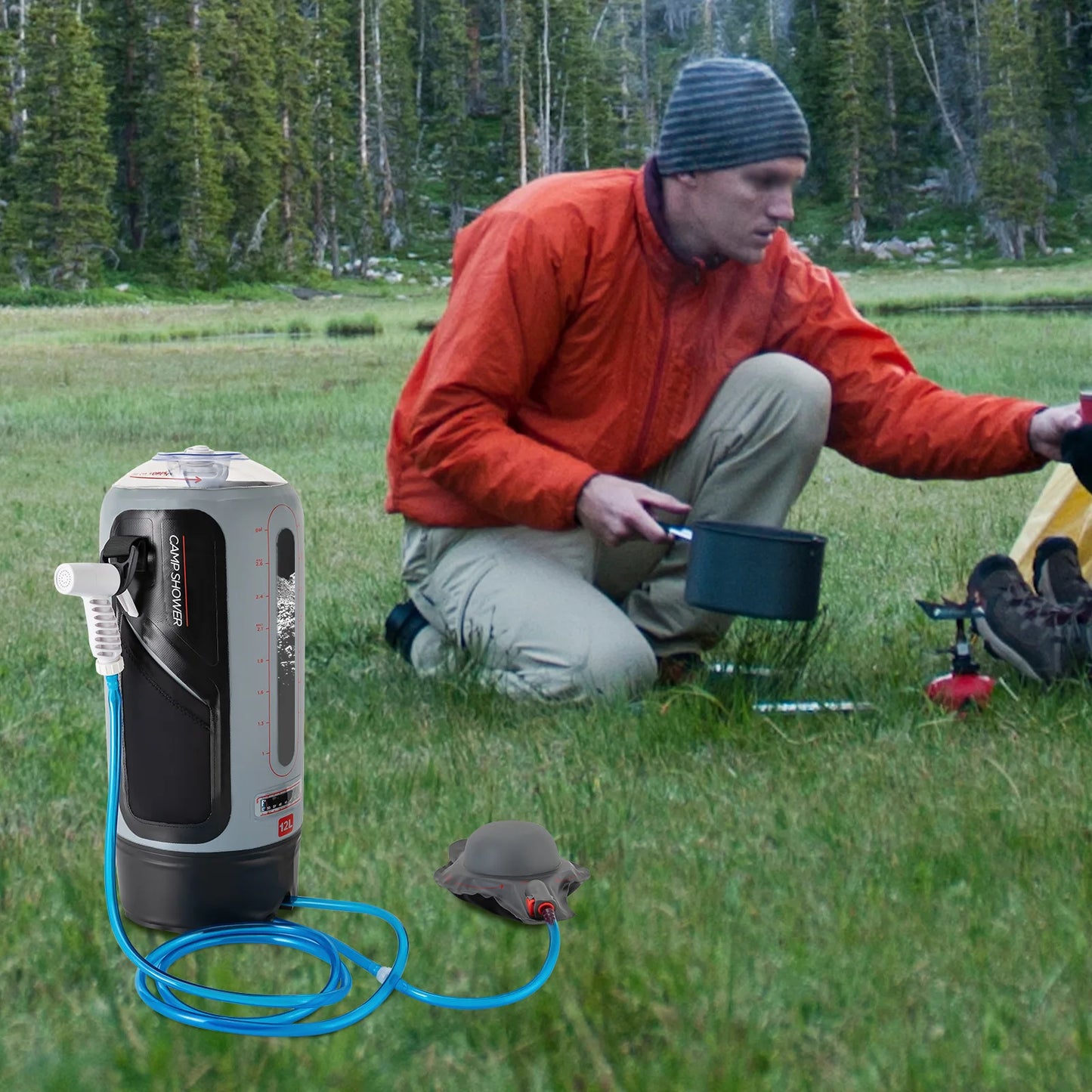 Portable Pressure Camp Shower Used to Bathe Dogs Wash Fruits Vegetables Dishes in Trips Outdoor Picnics Camping or Adventures