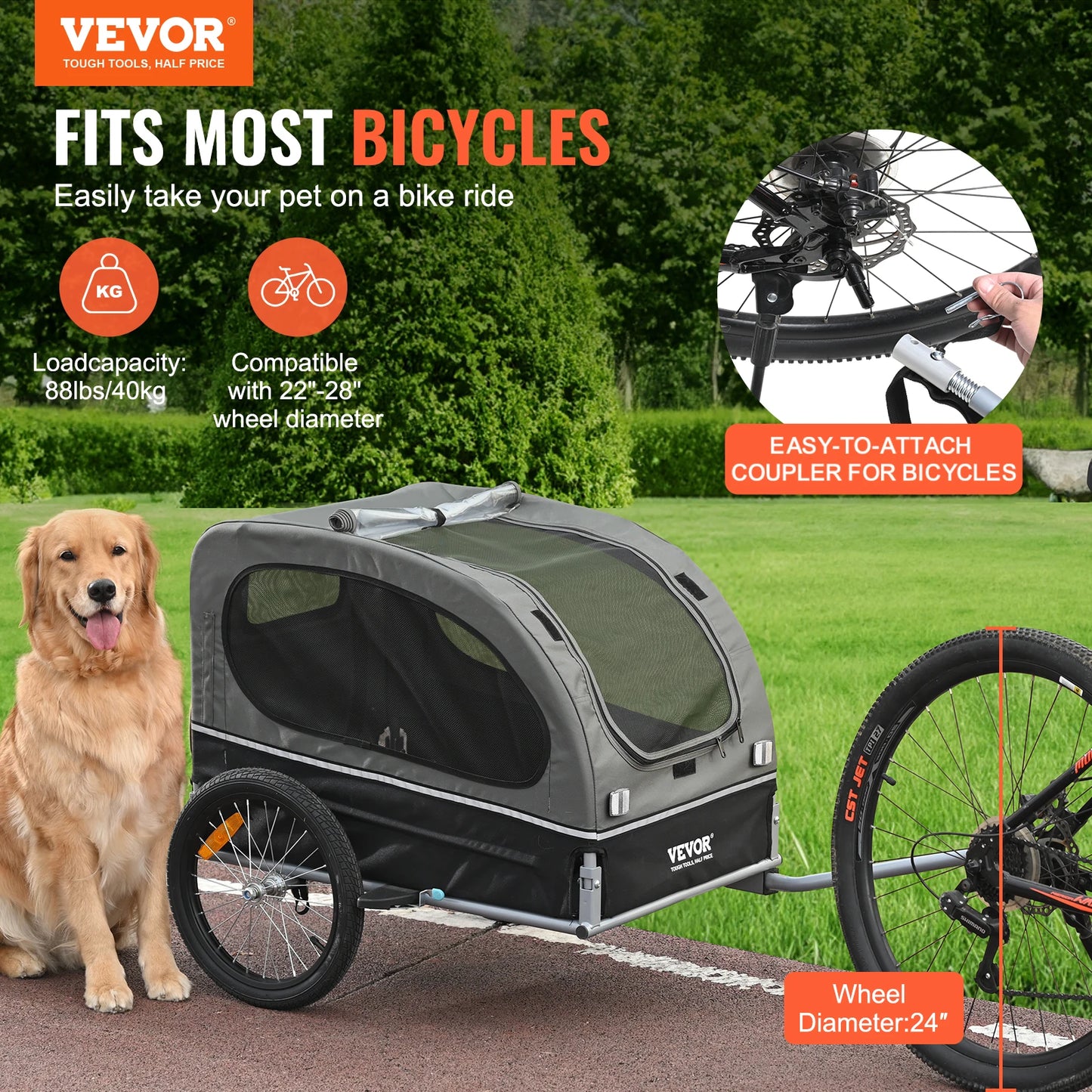 VEVOR 88 lbs Dog Bike Trailer Pet Cart Bicycle Carrier with Wheels, Coupler, Reflectors, Flag, Collapsible to Store for Dogs