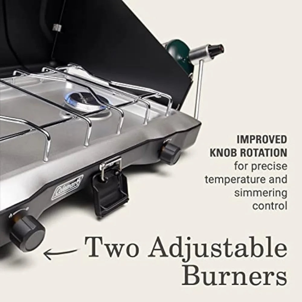 2-Burner Propane Camping Stove, Portable Camping Grill/Stove with Adjustable Burners, Wind Guards, Heavy-Duty Latch, and Handle