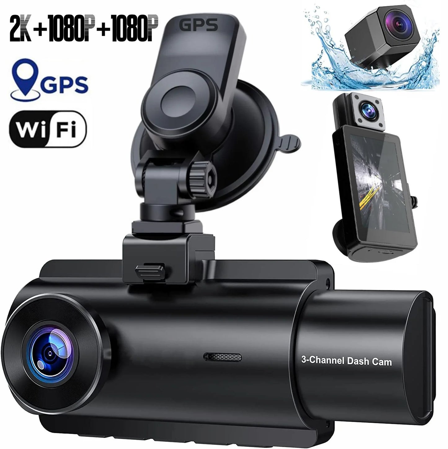 3 Channel Car DVR HD 2K+1080P 3-Lens Inside Vehicle Dash Cam Three Way Camera Recorder Video Registrator GPS WiFi  Night Vision