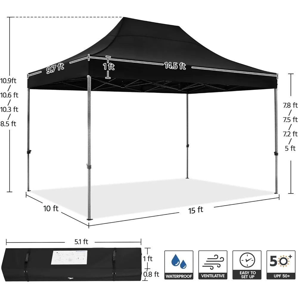 Heavy Duty Pop Up Canopy Tent, 10x15 Commercial Instant Shelter Tent, Outdoor Adjustable Canopy with Wheeled Bag 4 Sandbags