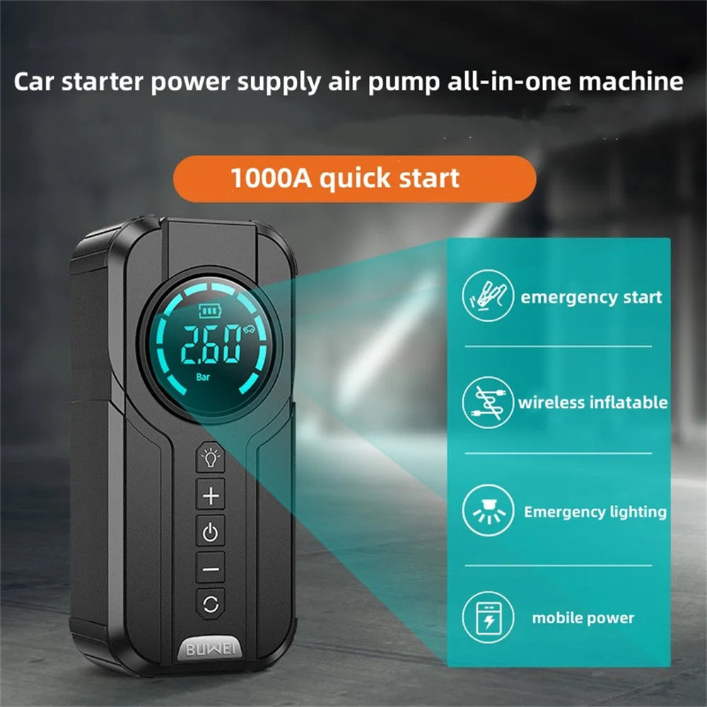 4 In 1 Car Jump Starter Air Pump Power Bank Lighting Portable Air Compressor Cars Battery Starters Starting Auto Tyre Inflator