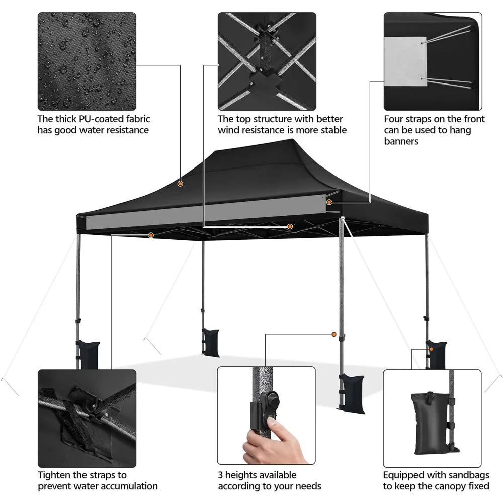 Heavy Duty Pop Up Canopy Tent, 10x15 Commercial Instant Shelter Tent, Outdoor Adjustable Canopy with Wheeled Bag 4 Sandbags