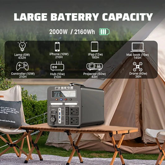 Portable Power Station 2000W Solar Electric Generator Fast Charging 220V Powerful Power Banks 2160Wh Lifepo4 Battery 12V DC