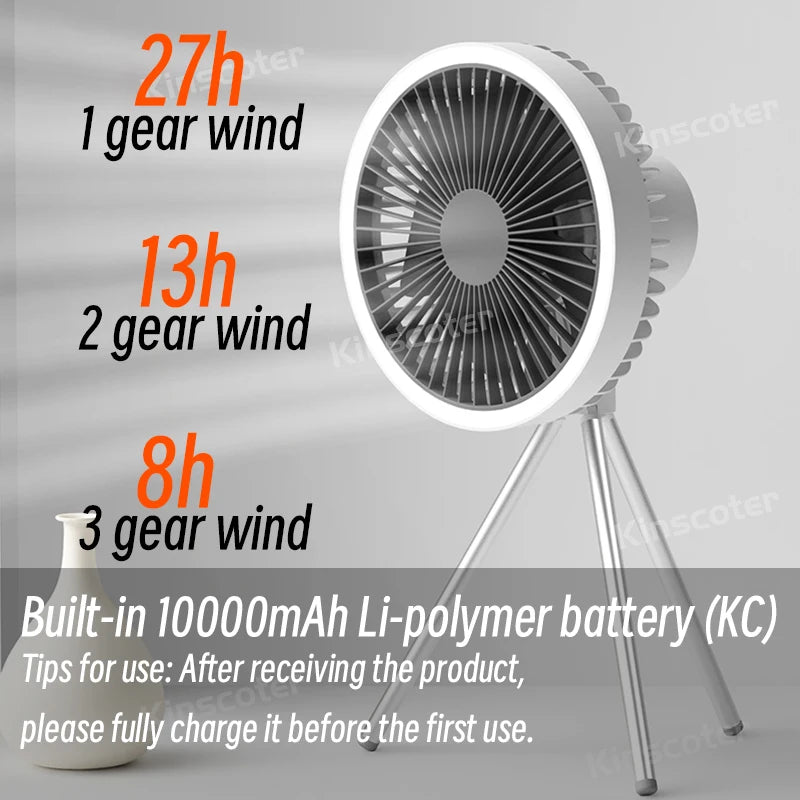 10000mAh Camping Fan Rechargeable Desktop Portable Air Circulator Wireless Ceiling Electric Fan with Power Bank LED Lighting