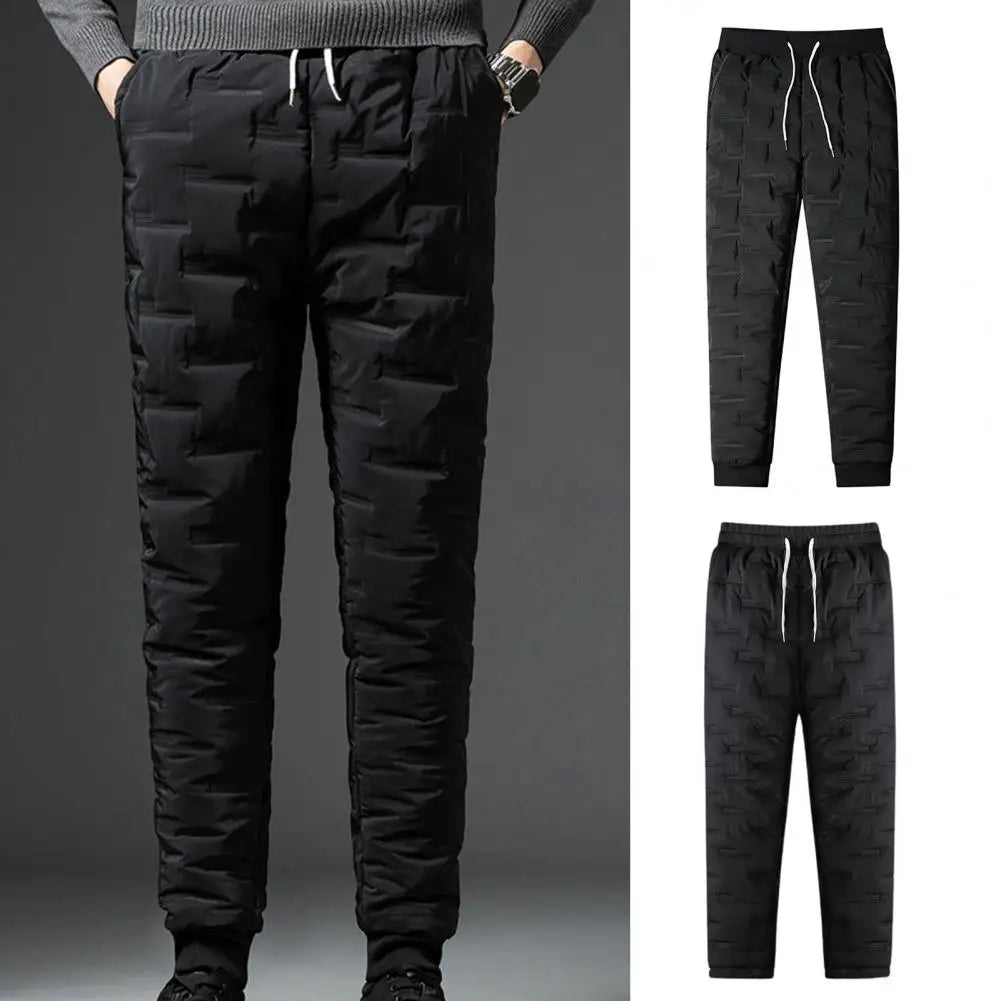 Terrific Winter Down Pants Warm Drawstring Plush Elastic Waist Solid Color All Match Winter Sweatpants