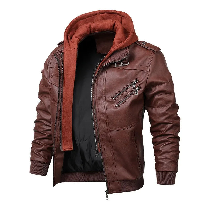 Men Hooded Leather Jackets Slim Casual Leather Coats New Fashion Male Street Wear Motorcycle Leather Jackets Hat Detachable 5XL