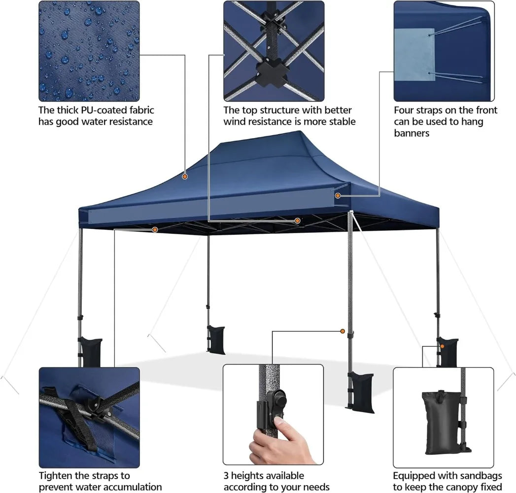 Heavy Duty Pop Up Canopy Tent, 10x15 Commercial Instant Shelter Tent Outdoor Adjustable Canopy with Wheeled Bag 4 Sandbags