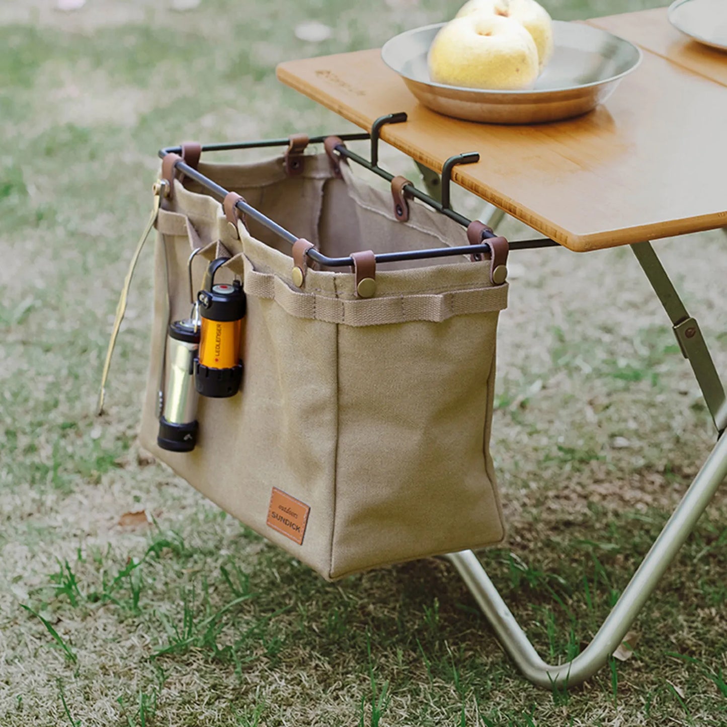 Camping Table Side Storage Bag Multifunctional Folding Canvas Bag  with Hook Outdoor Picnic Desk Cookware Hanging Bag