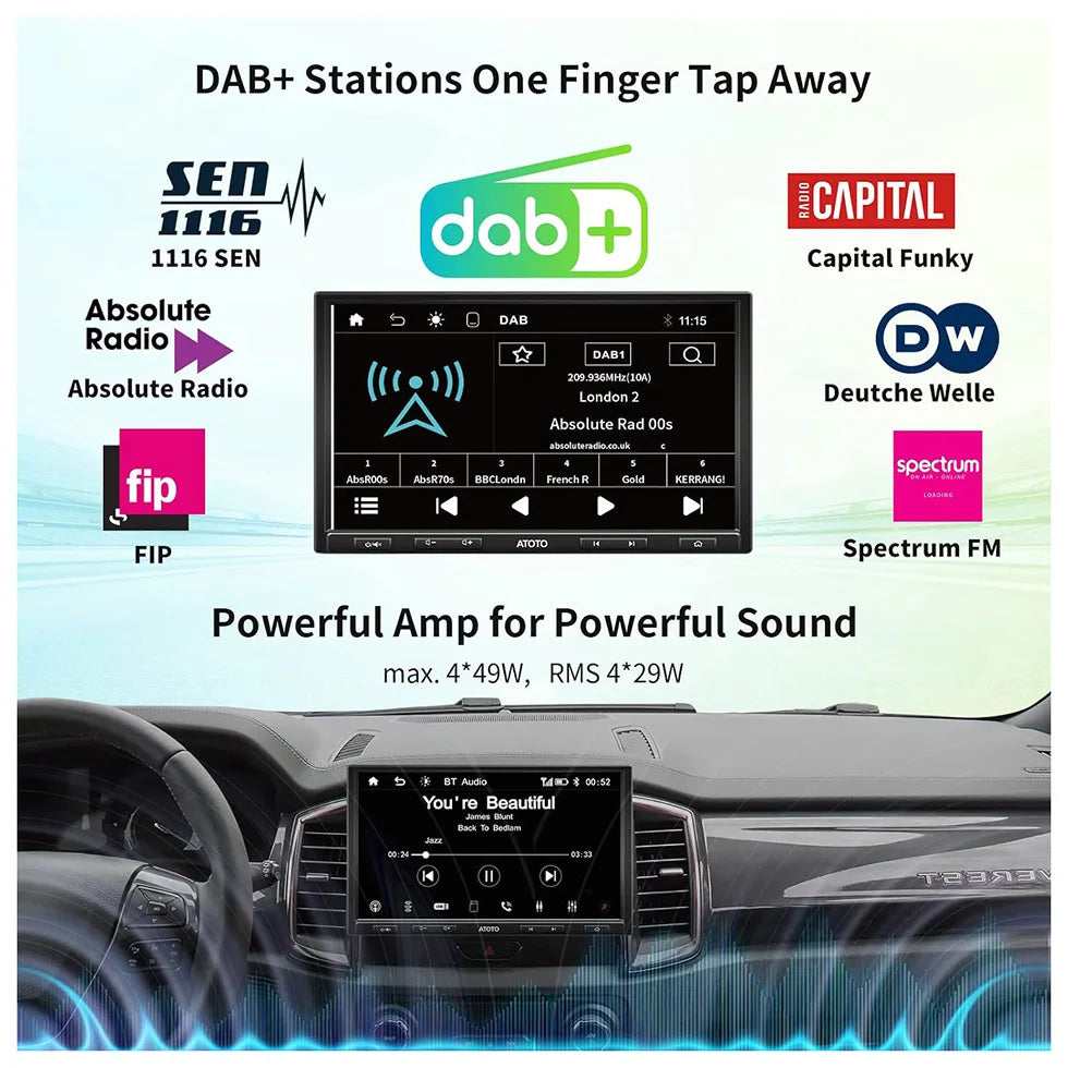 ATOTO 10" inch Single 1 Din Car Radio with DAB+ GPS Navi Bluetooth Apple Carplay Android Auto Screen Car Stereo 1Din F7G110XED