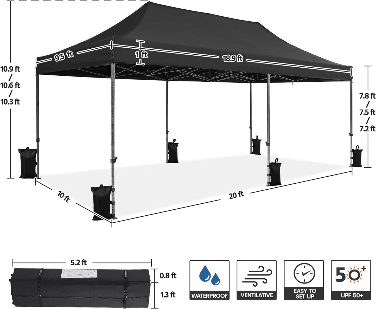 Heavy Duty Pop Up Canopy Tent, 10x20 Commercial Instant Shelter Tent for Wedding Parties Adjustable Outdoor Canopy with Wheeled