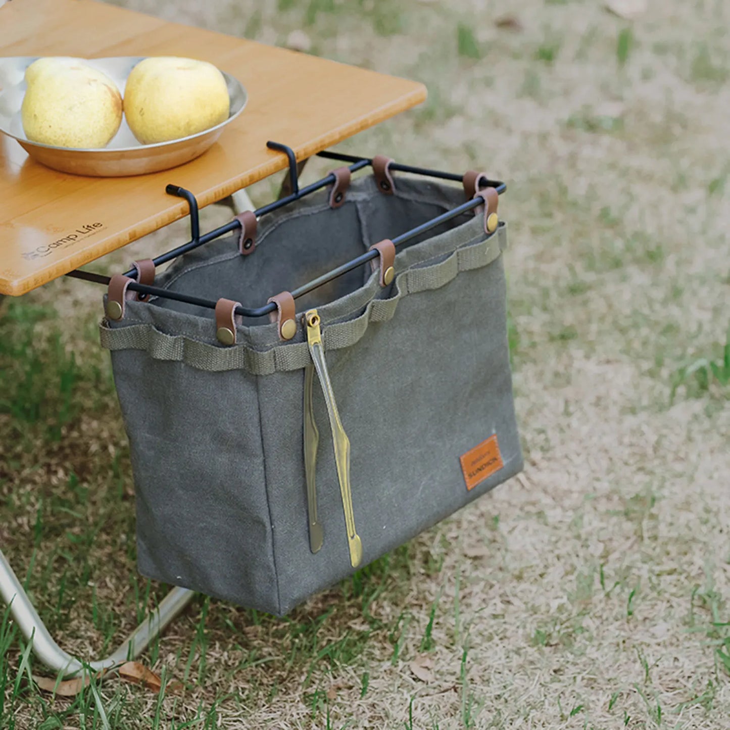 Camping Table Side Storage Bag Multifunctional Folding Canvas Bag  with Hook Outdoor Picnic Desk Cookware Hanging Bag