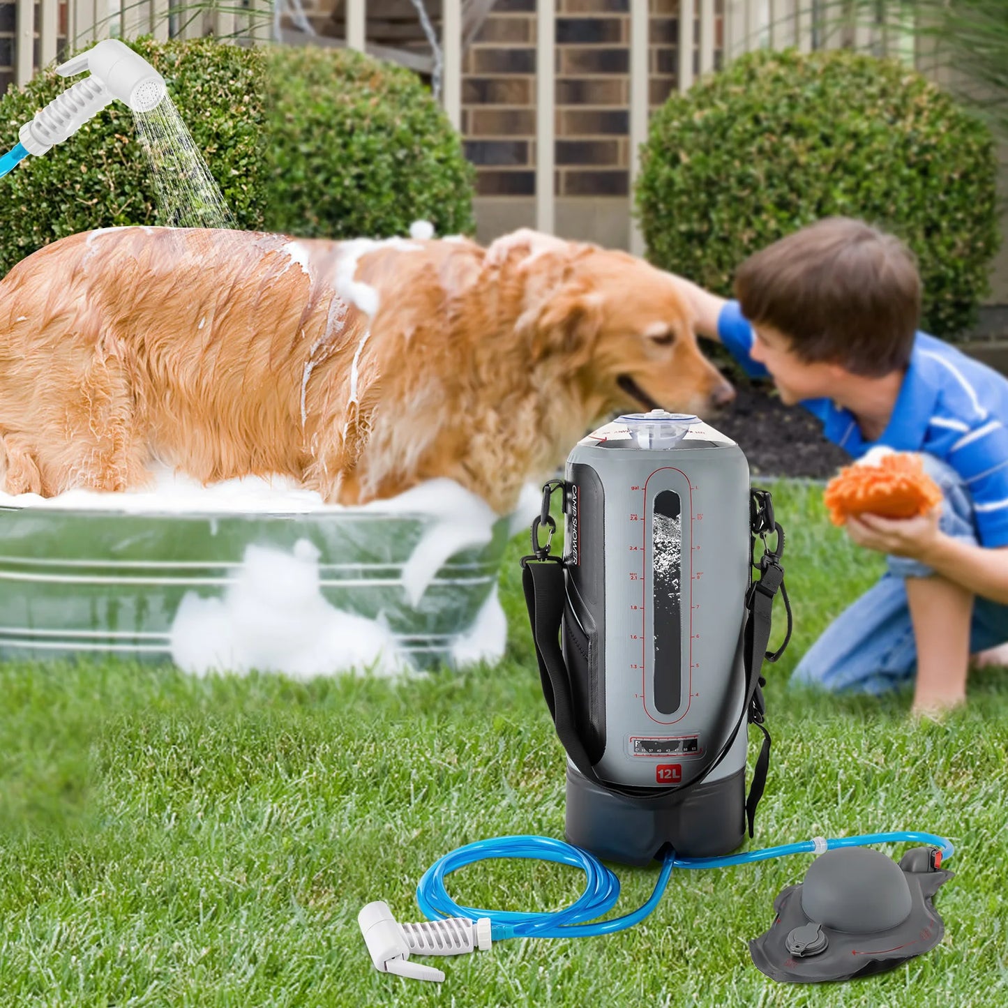 Portable Pressure Camp Shower Used to Bathe Dogs Wash Fruits Vegetables Dishes in Trips Outdoor Picnics Camping or Adventures