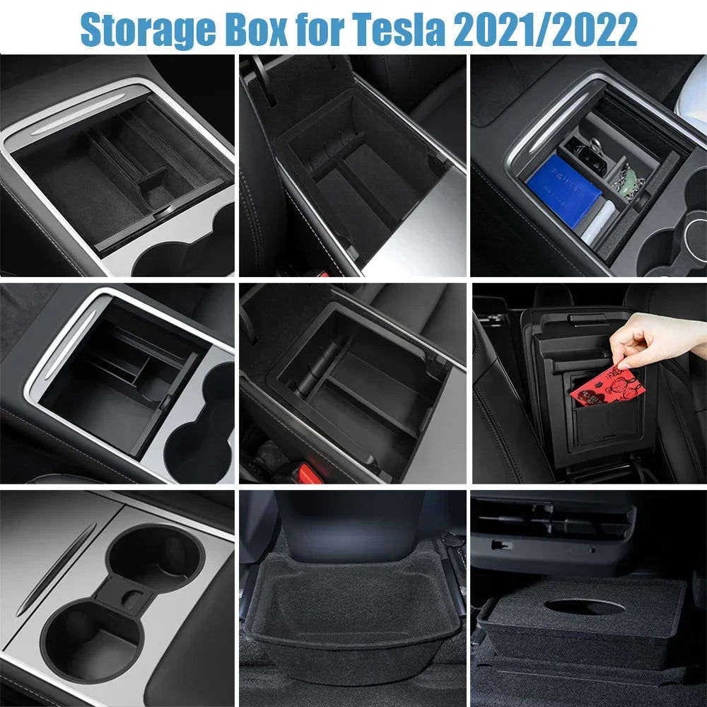 Car Storage Box For Tesla 2024 Highland Model 3 Model Y Center Armrest Hidden Box Cup Holder Console Organizer Box Accessories