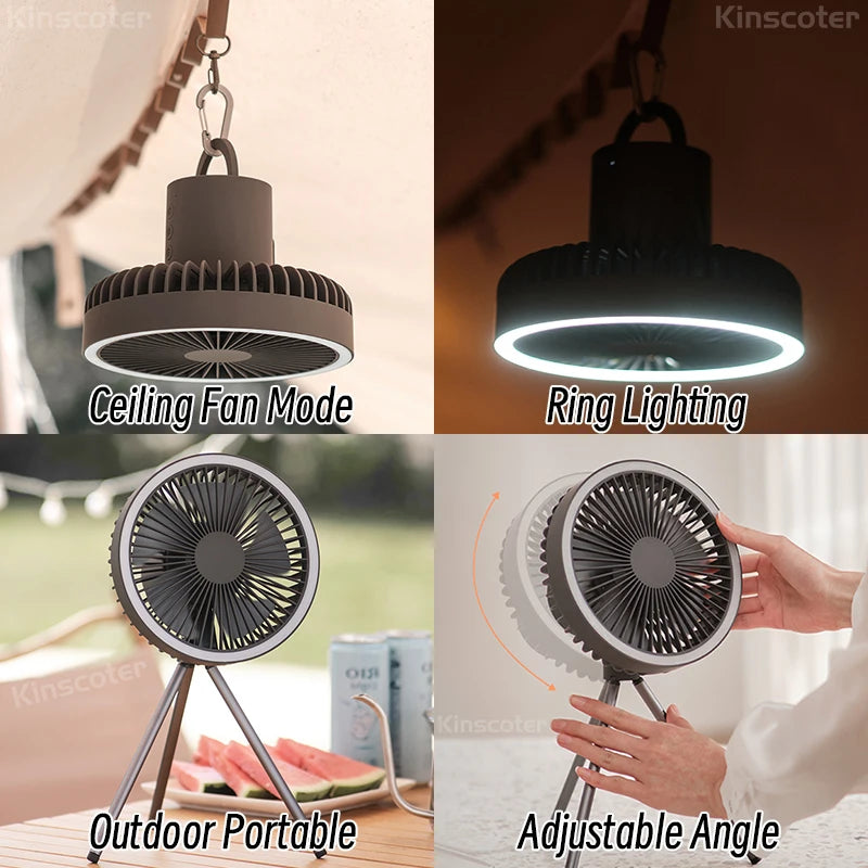 10000mAh Camping Fan Rechargeable Desktop Portable Air Circulator Wireless Ceiling Electric Fan with Power Bank LED Lighting