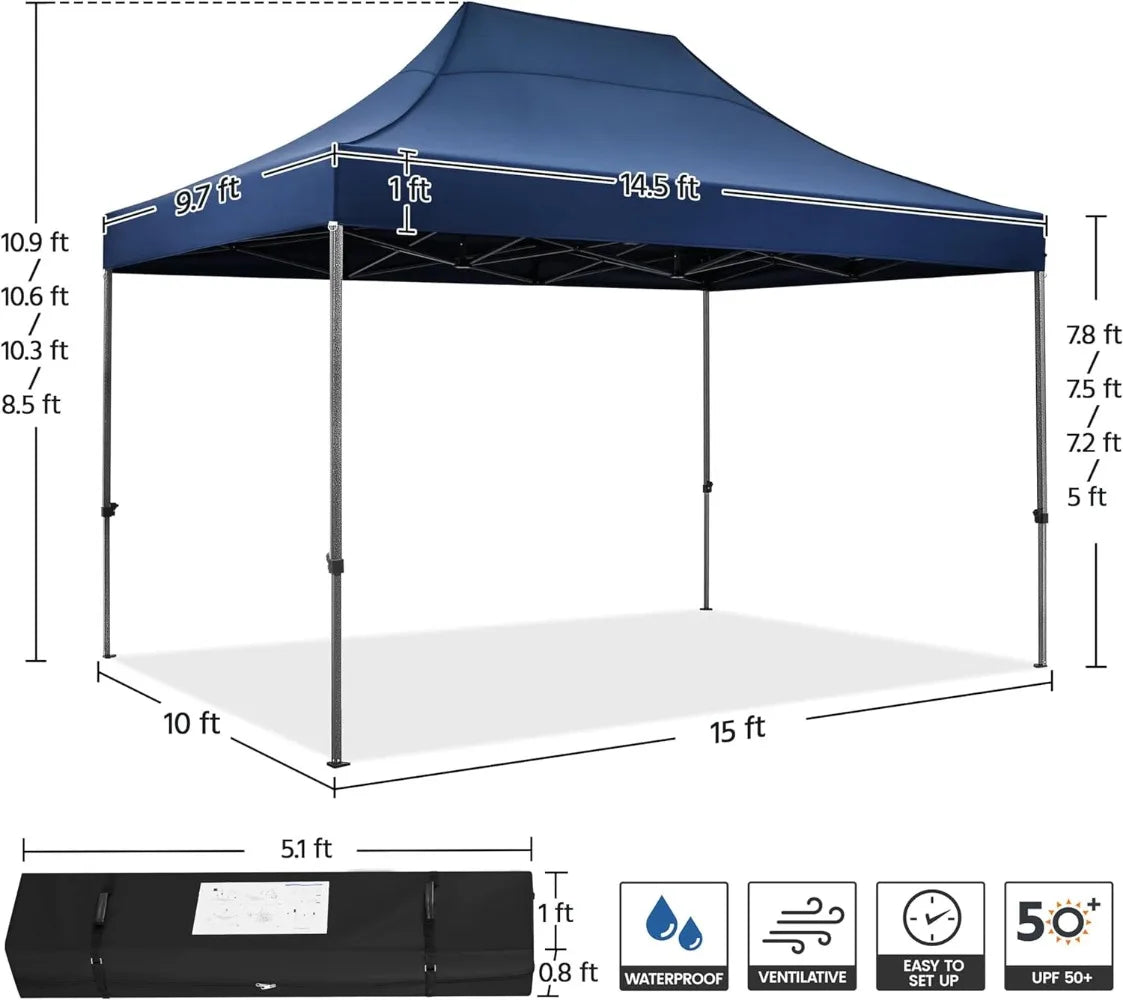 Heavy Duty Pop Up Canopy Tent, 10x15 Commercial Instant Shelter Tent Outdoor Adjustable Canopy with Wheeled Bag 4 Sandbags