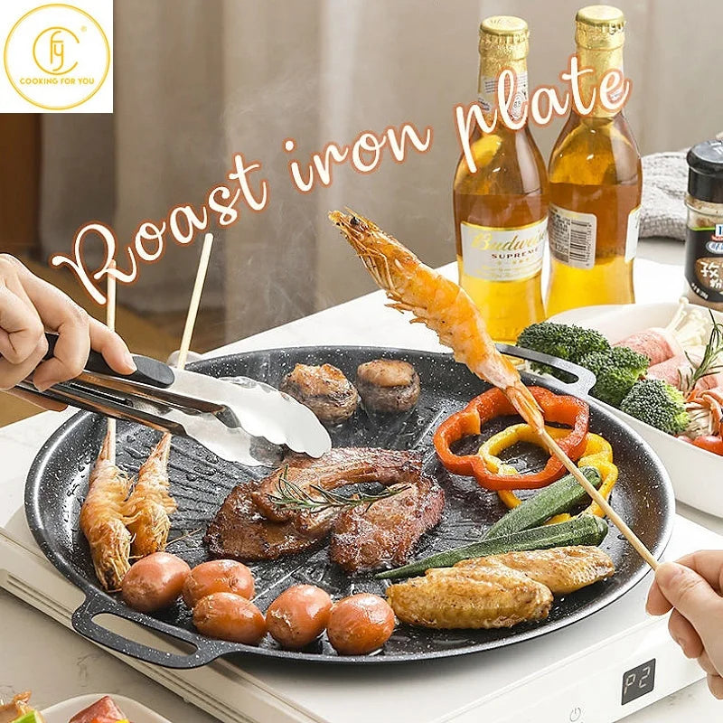 Korean Barbecue Dish Non Stick BBQ Iron Plate Grill Suitable for Induction Cooker Open Flame Family Gatherings Outdoor Barbecue