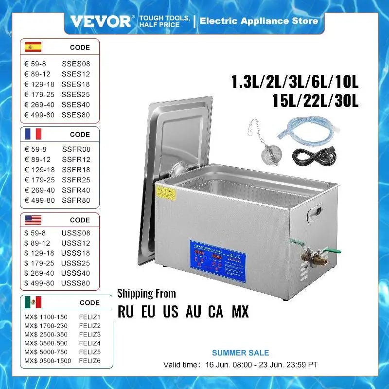 VEVOR 1.3L 2L 3L 6L 10L 15L 22L 30L Ultrasonic Cleaner Lave-Dishes Portable Washing Machine Diswasher Ultrasound Home Appliances