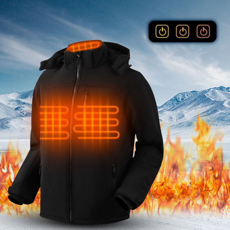 Men Heated Jackets Full Zipper Black Hooded Coats Winter Outdoor Warm USB Heating Jackets Waterproof Outerwear - lebenoutdoors