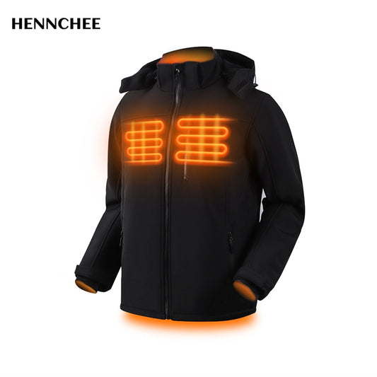 Men Heated Jackets Full Zipper Black Hooded Coats Winter Outdoor Warm USB Heating Jackets Waterproof Outerwear - lebenoutdoors