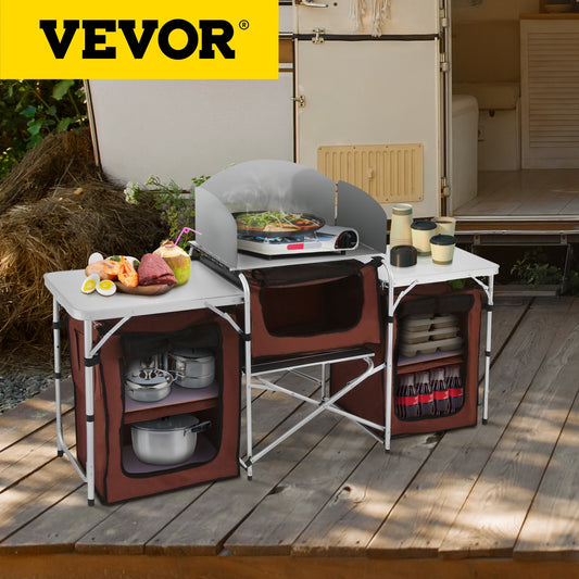 VEVOR Camping Outdoor Kitchen Table Cabinet Foldable Folding Cooking Storage Rack X-Shaped Aluminum Alloy Bracket for BBQ Picnic - lebenoutdoors