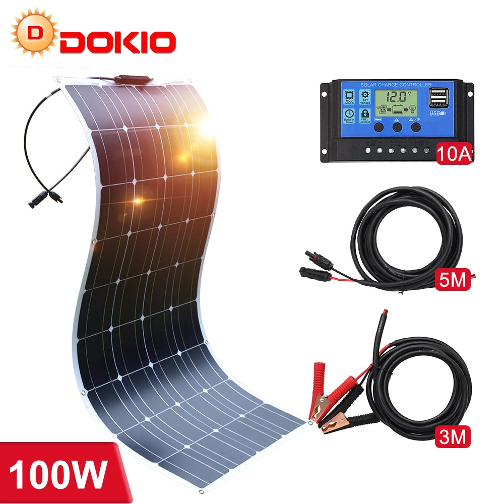 Dokio 18V Flexible 100W Solar Panel Sets For Car/Home Waterproof Monocrystalline Solar China Charge 12V Battery With 8M Cable - lebenoutdoors
