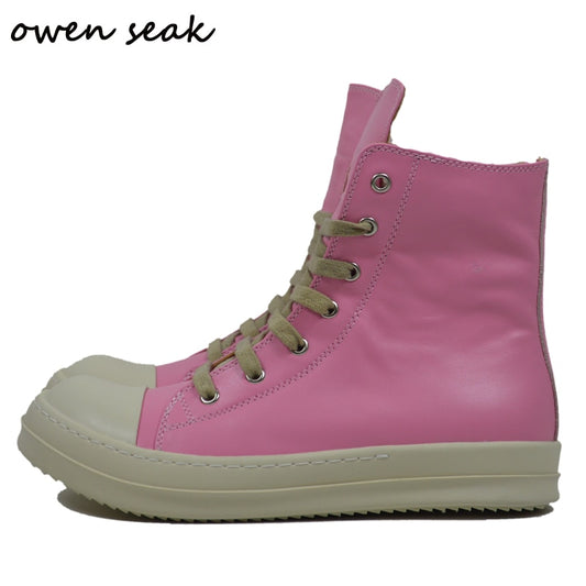 Owen Seak Women Men Motorcycle Leather High-TOP Luxury Mid-Calf Autumn Riding Boots Lace Up Casual Sneakers Zip Flats Pink Shoes